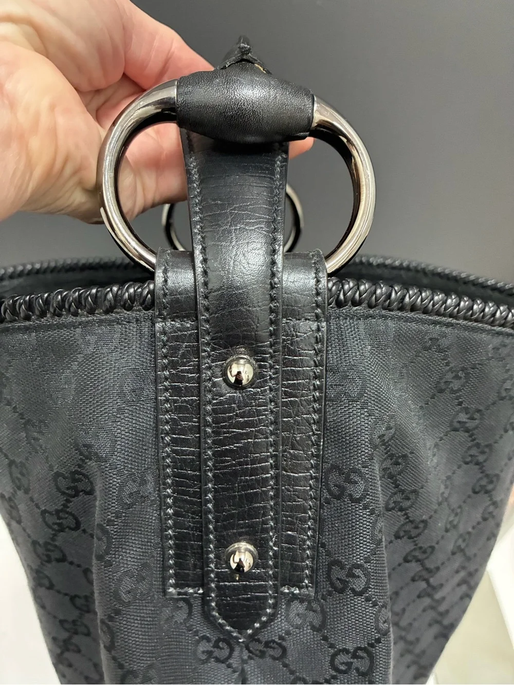 Authentic Gucci Black Monogram Jacquard Horsebit Large Hobo Bag